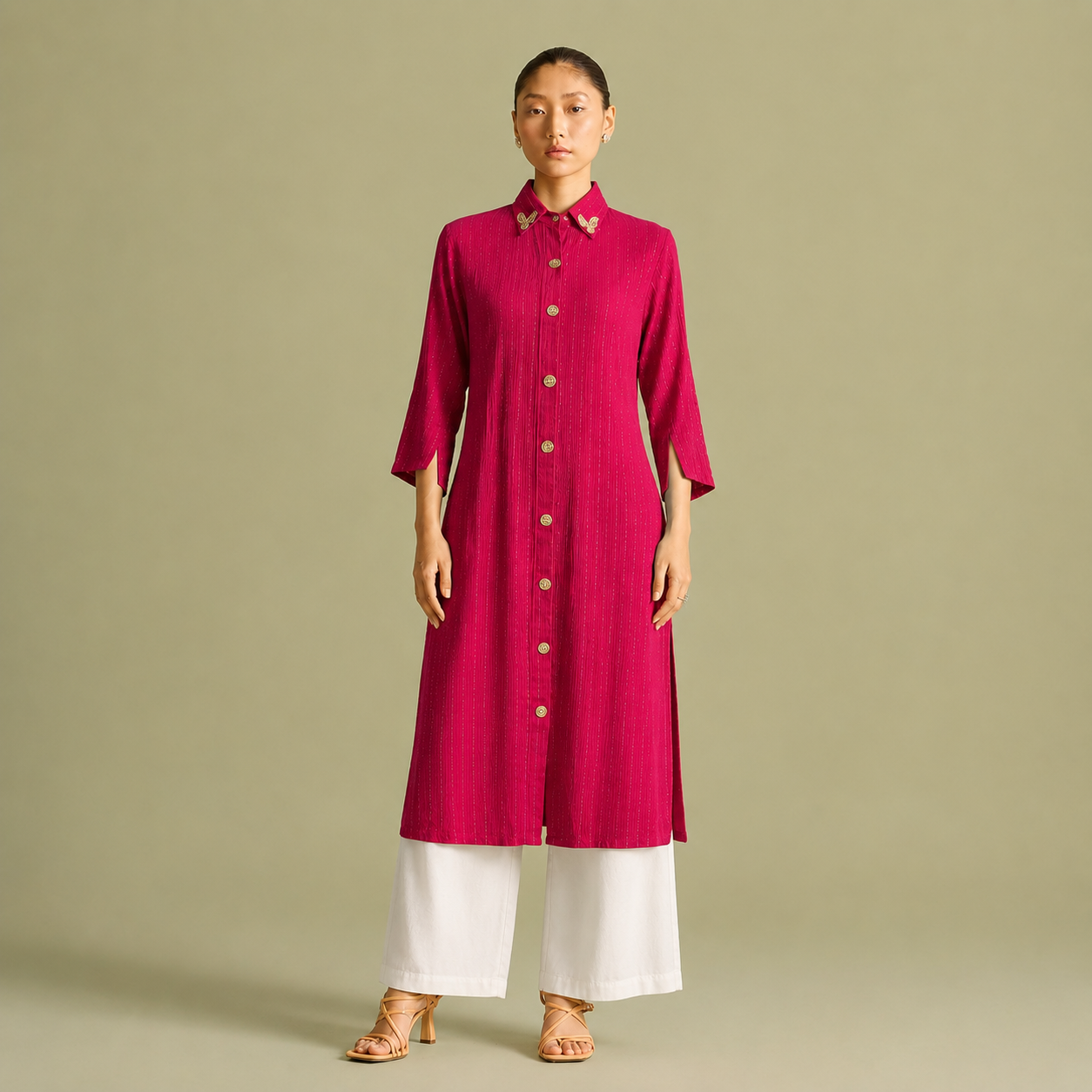 Women's Solid Pink Long Shirt with Embroidered Collar & Button-Down Front